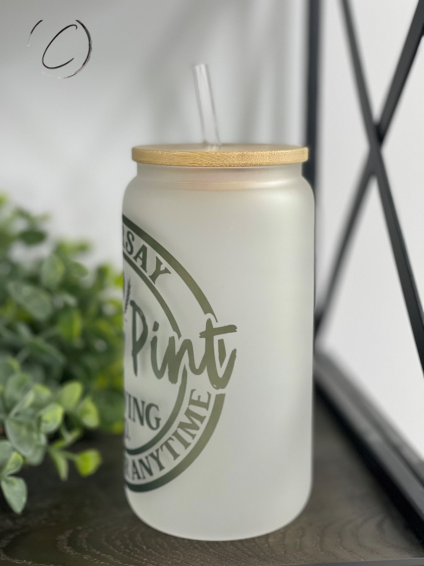 Hearsay Brewing Co. 16oz Libbey Glass with a unique full wrap design and included straw, showcasing its durable and stylish appearance.