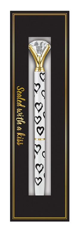 Heart Gem Pen with a crown top design in a black gift box with gold accents, featuring the text 'Sealed with a kiss!'