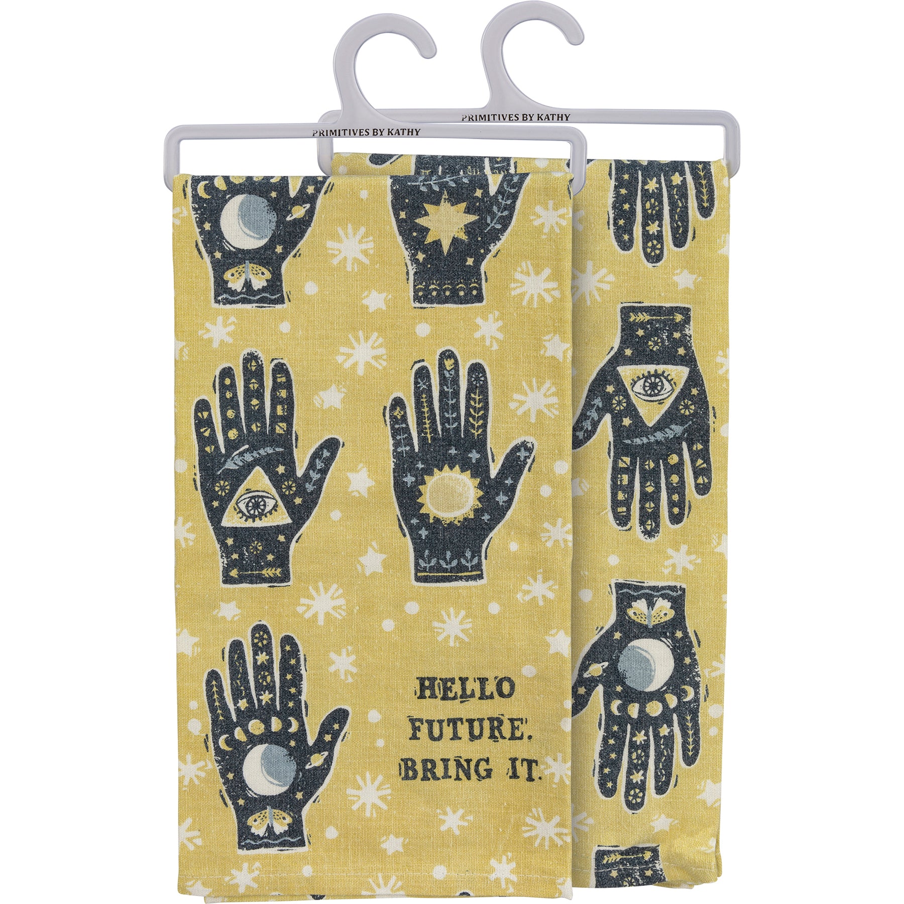 Hello Future Bring It Mystical Hand Dish Cloth Towel featuring all-over mystical hand designs and inspirational text.