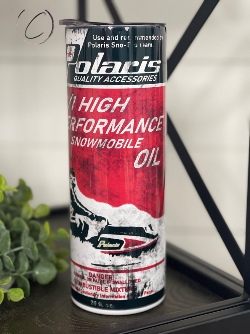 High Performance Snowmobile Oil 20oz Skinny Tumbler with a unique full wrap design and reusable straw.