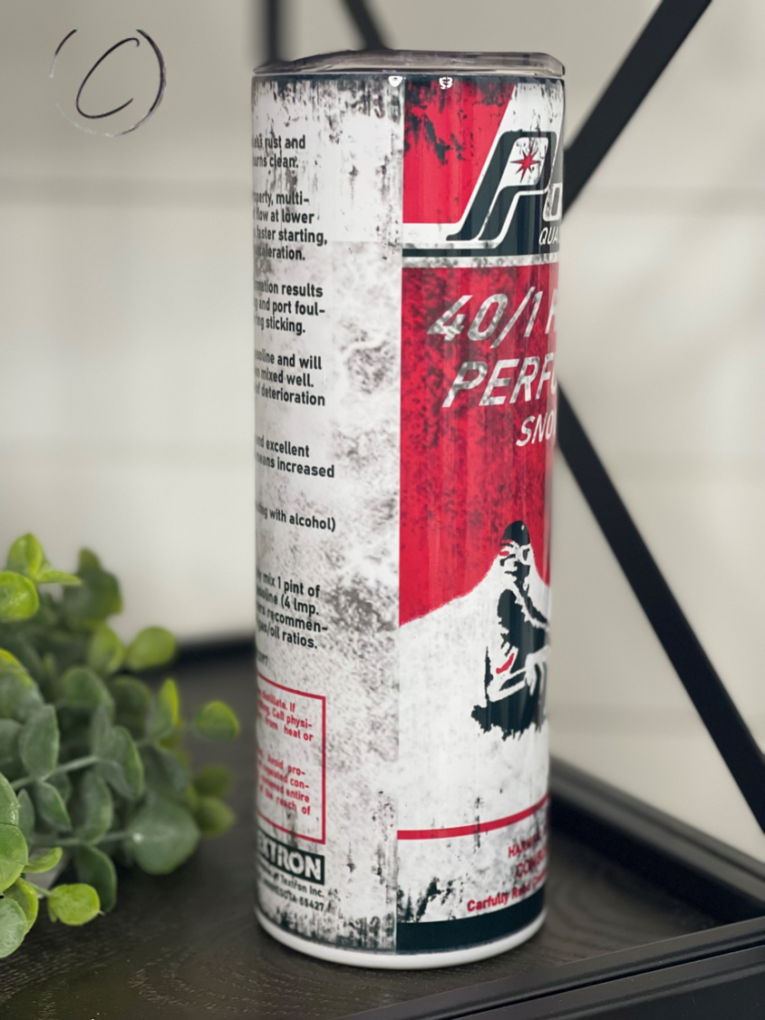 High Performance Snowmobile Oil 20oz Skinny Tumbler with a unique full wrap design and reusable straw.