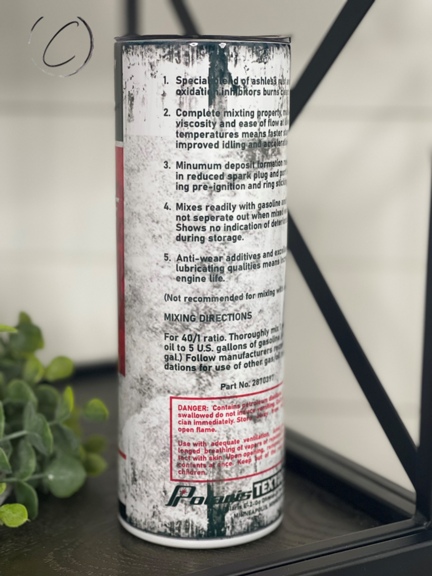 High Performance Snowmobile Oil 20oz Skinny Tumbler with a unique full wrap design and reusable straw.