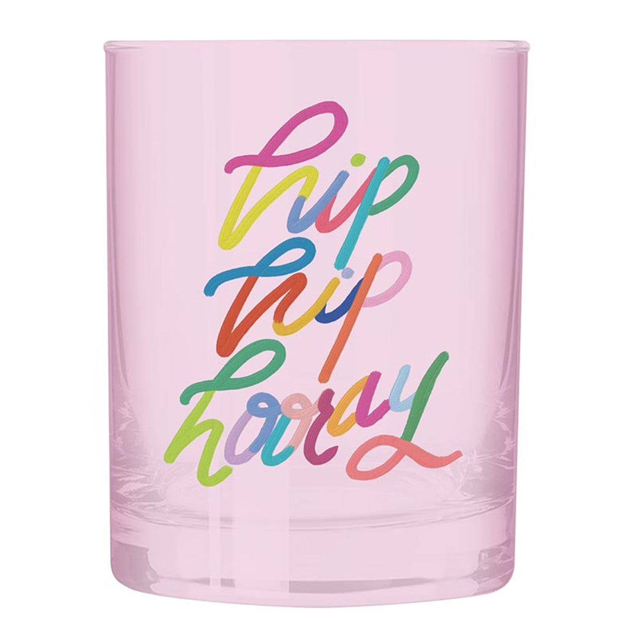 Hip Hip Hooray Double Old Fashioned Cocktail Glass with pink tint and multicolored lettering, perfect for celebrations.