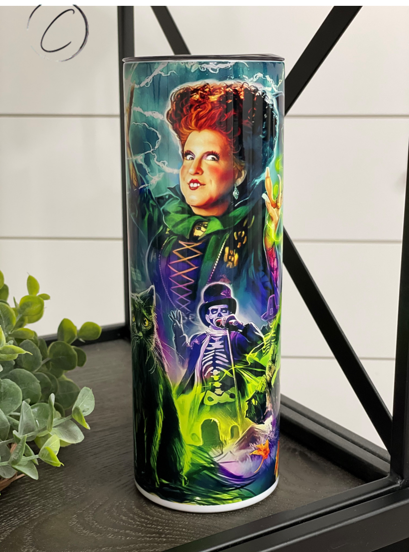 Hocus Pocus 20oz skinny tumbler featuring a vibrant full wrap design, perfect for fans of the movie.