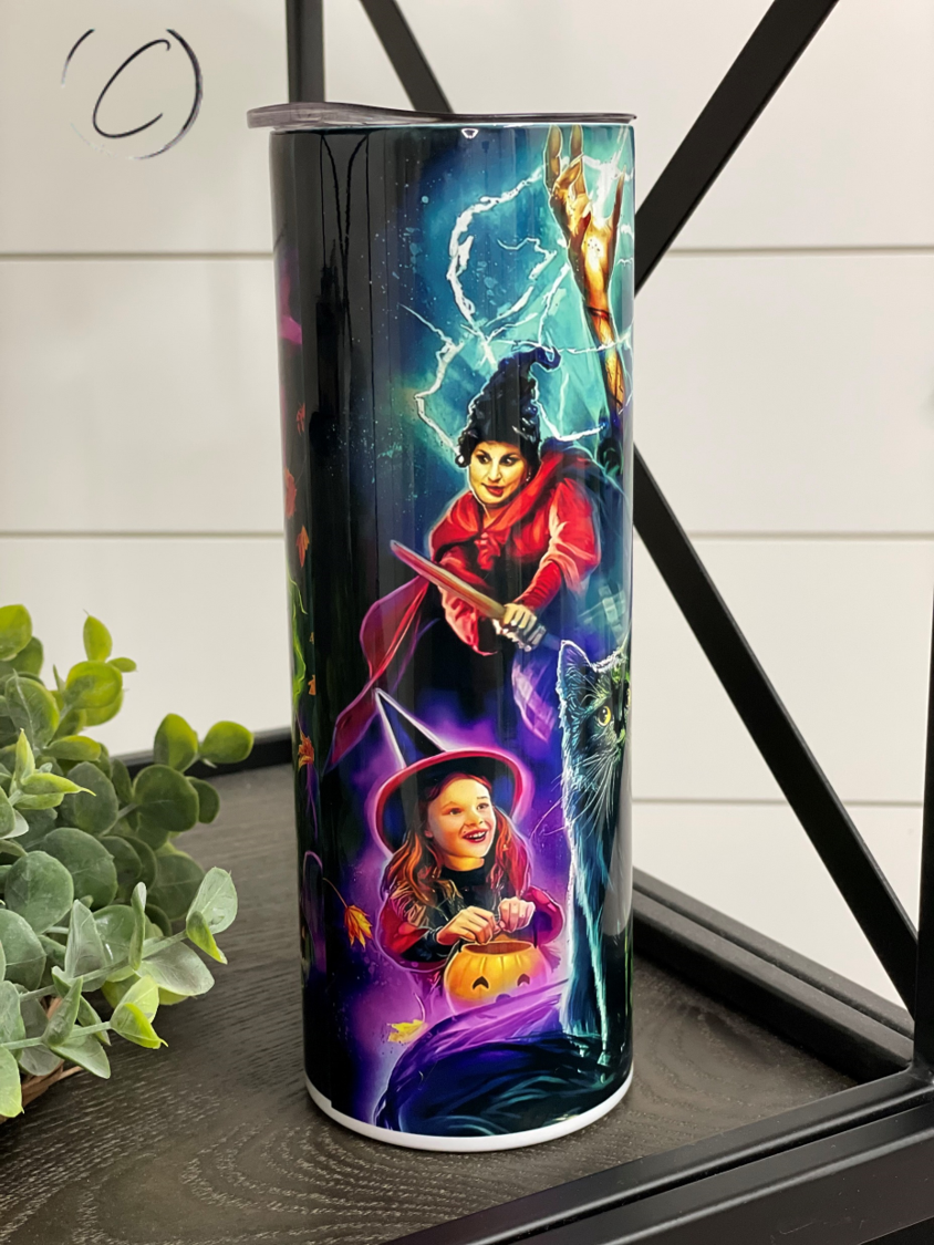 Hocus Pocus 20oz skinny tumbler featuring a vibrant full wrap design, perfect for fans of the movie.