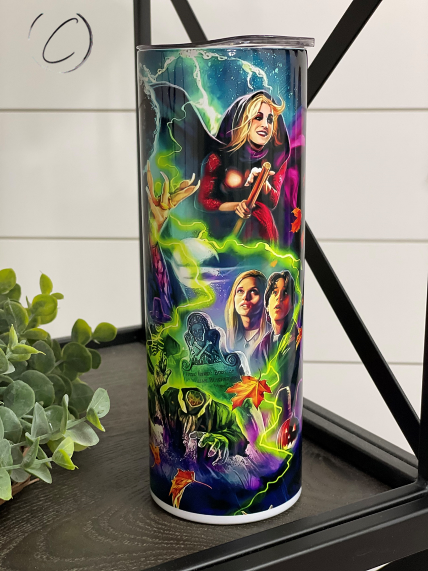 Hocus Pocus 20oz skinny tumbler featuring a vibrant full wrap design, perfect for fans of the movie.