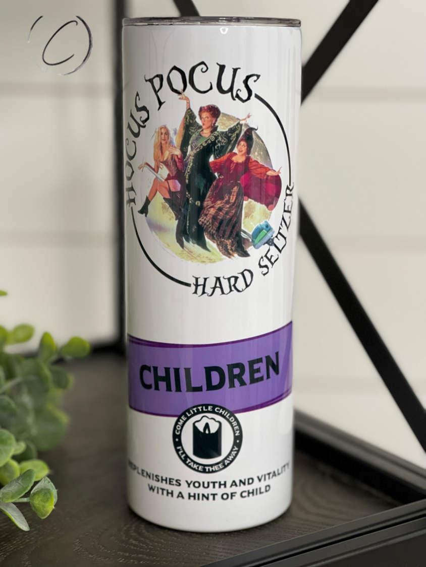 Hocus Pocus Hard Seltzer 20oz Skinny Tumbler with vibrant design and reusable straw.