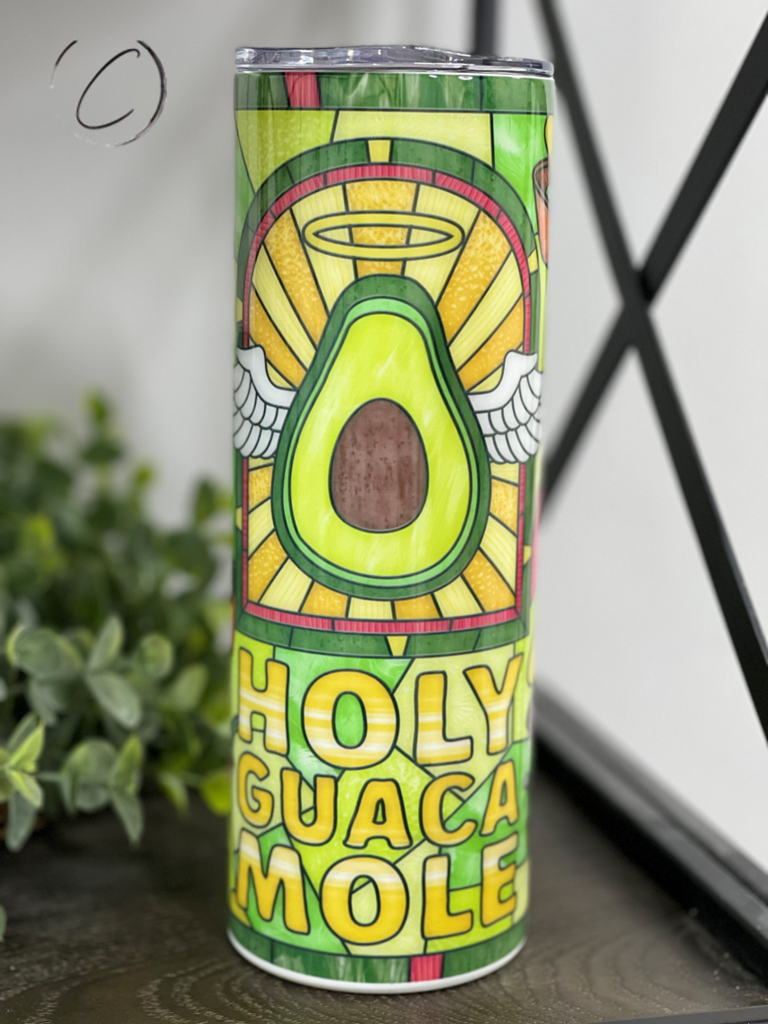 Holy Guacamole 20oz Skinny Tumbler with vibrant design and reusable straw, perfect for drinks on the go.