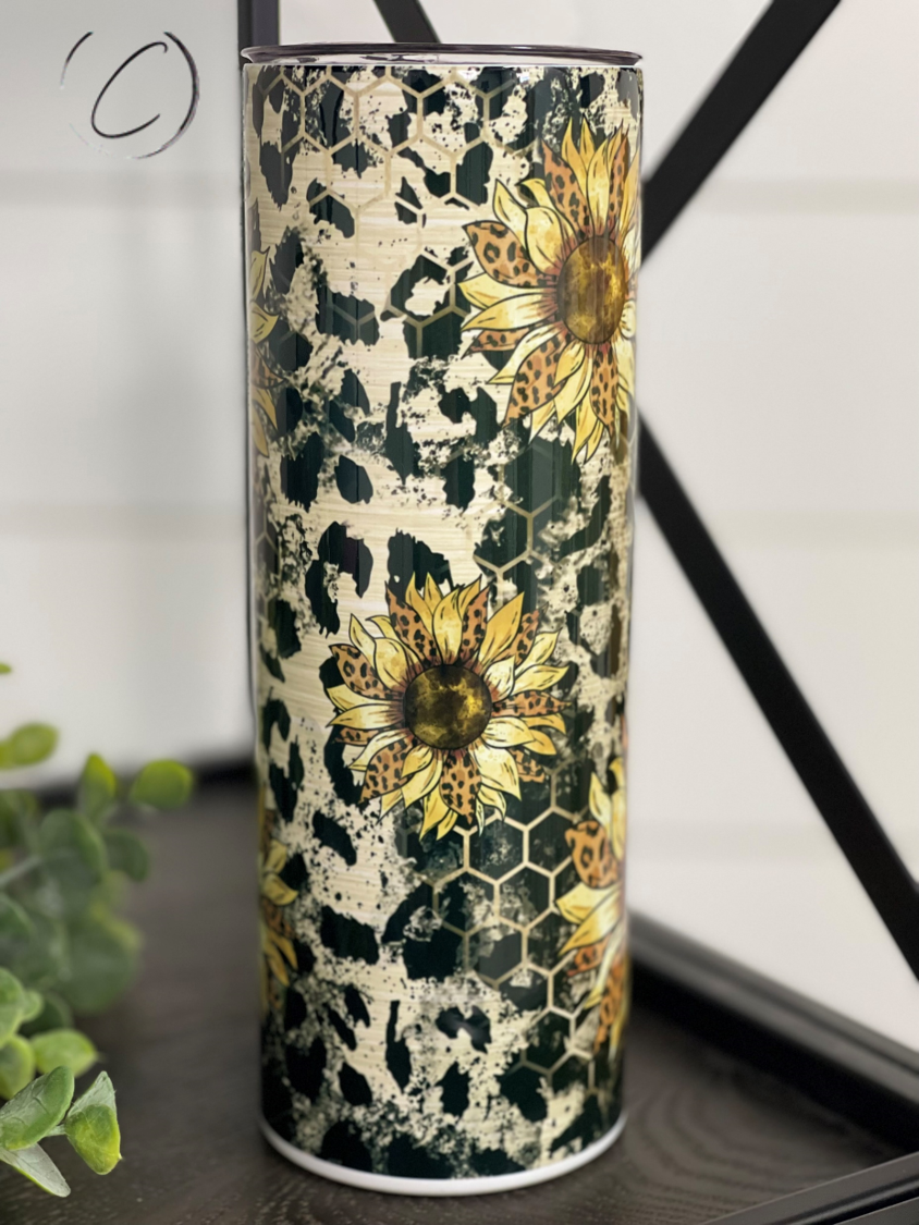 Honeycomb Leopard Sunflower 20oz Skinny Tumbler with a vibrant full wrap design featuring honeycomb, leopard print, and sunflowers.