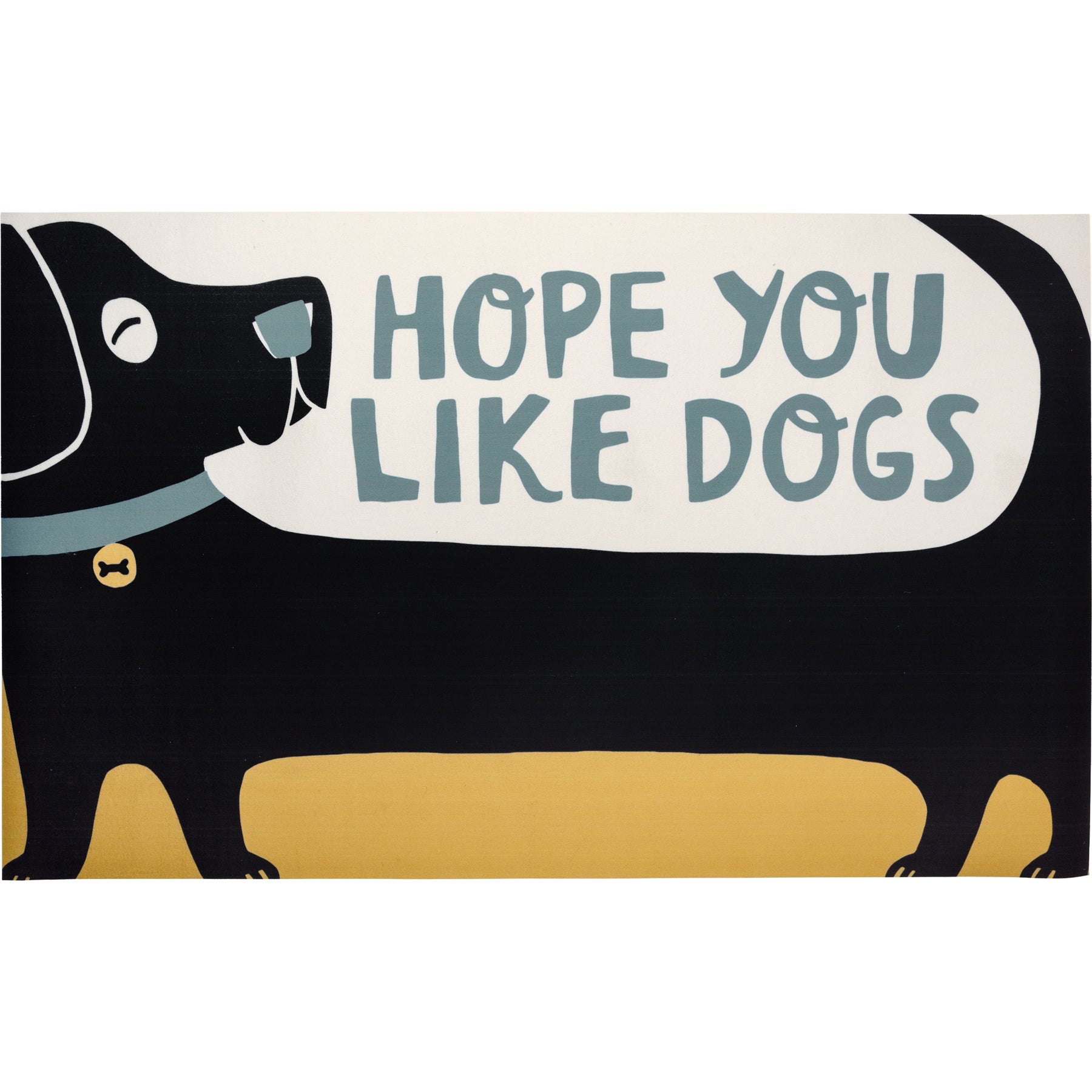 Hope You Like Dogs Entryway Rug featuring a block print dog design and humorous sentiment, suitable for indoor and outdoor use.