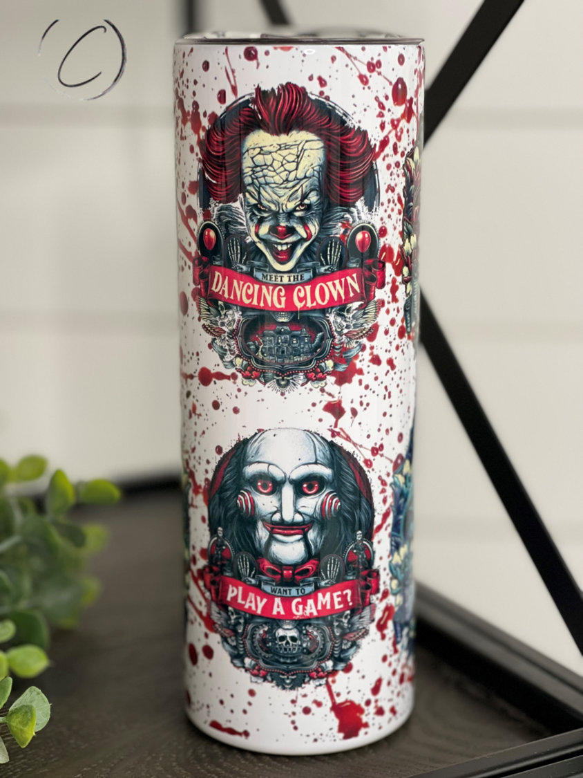 Horror Movie Hauntings 20oz Skinny Tumbler with a unique design featuring horror film graphics, complete with a reusable straw.