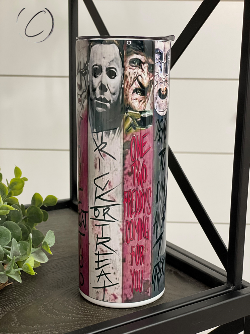 Horror Squad 20oz Skinny Tumbler featuring a vibrant horror-themed design with a reusable straw.