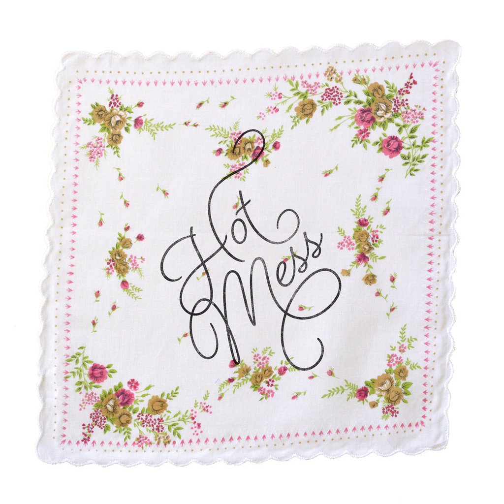Hot Mess Hankie featuring a retro floral print design in cotton, measuring 12" x 12", with the phrase 'Hot Mess' in Beloved Script.