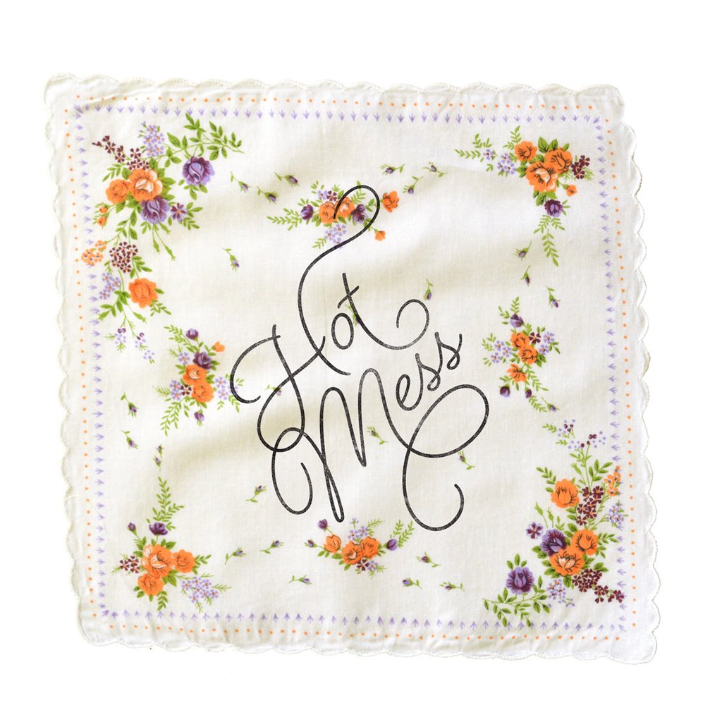 Hot Mess Hankie featuring a retro floral print design in cotton, measuring 12" x 12", with the phrase 'Hot Mess' in Beloved Script.