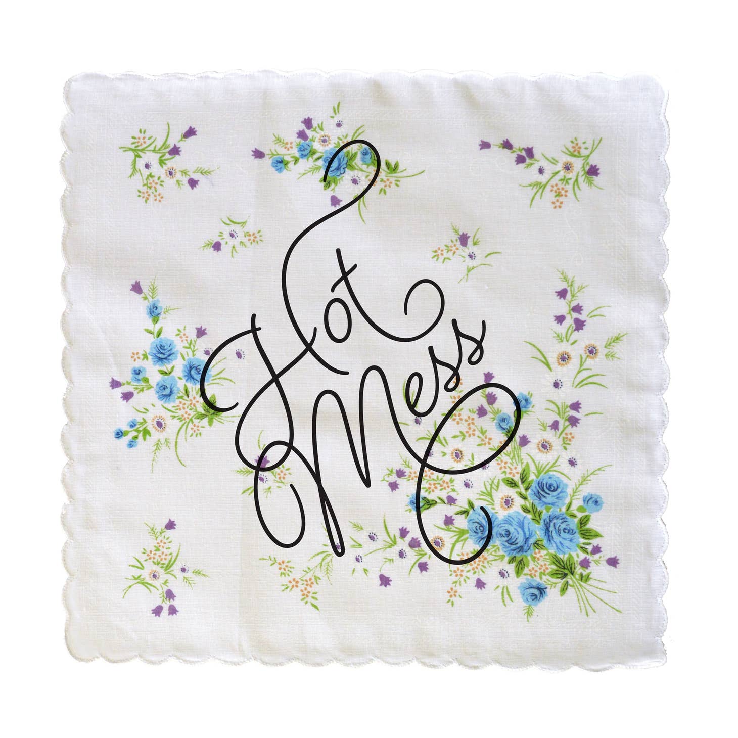Hot Mess Hankie featuring a retro floral print design in cotton, measuring 12" x 12", with the phrase 'Hot Mess' in Beloved Script.