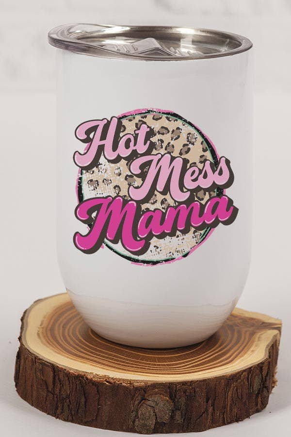 Hot Mess Mama Leopard Circle Wine Cup with a stylish leopard print design, featuring a lid and straw, perfect for moms.