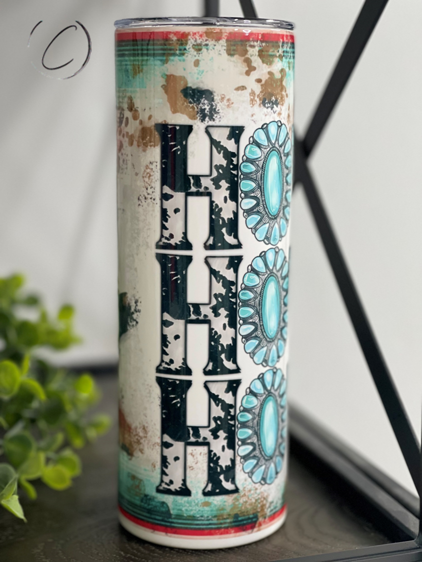 Howdy 20oz Skinny Tumbler featuring a full wrap design, reusable straw, and durable construction for stylish hydration.