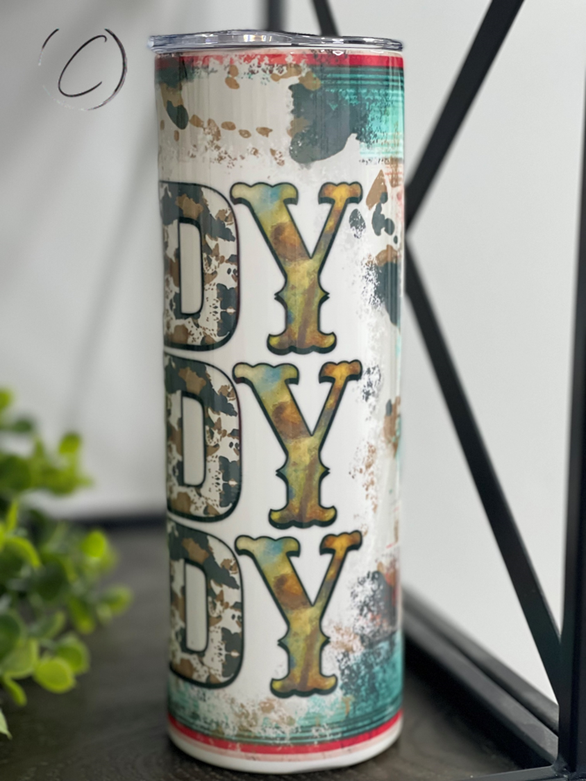 Howdy 20oz Skinny Tumbler featuring a full wrap design, reusable straw, and durable construction for stylish hydration.