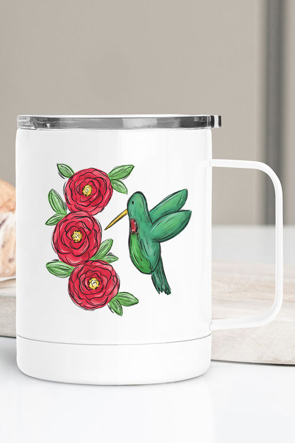 Hummingbird Flower Stainless Steel Coffee Travel Cup with vibrant design and secure lid, perfect for travel.