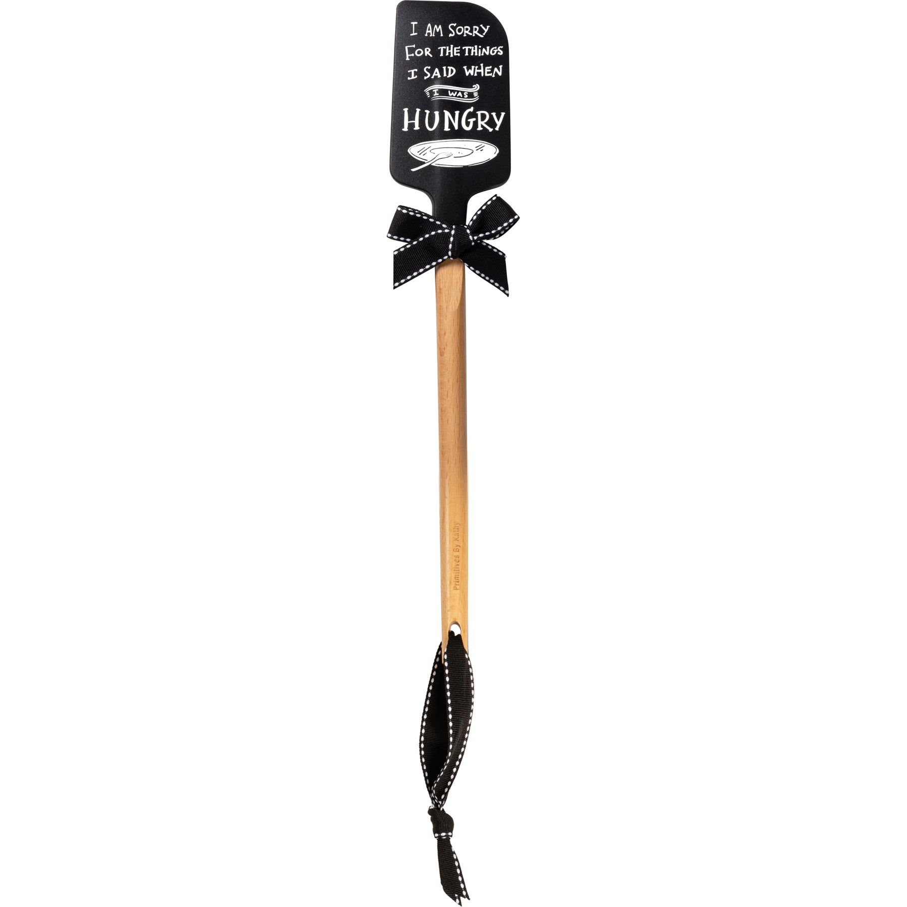 A humorous silicone spatula with a wooden handle featuring the phrase 'I Am Sorry For The Things I Said When I Was Hungry' and decorative designs.