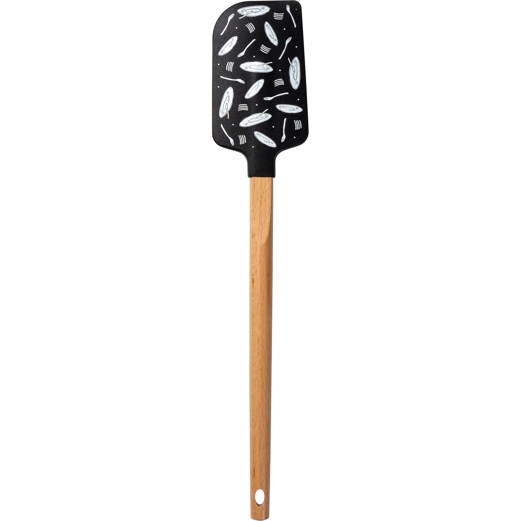 A humorous silicone spatula with a wooden handle featuring the phrase 'I Am Sorry For The Things I Said When I Was Hungry' and decorative designs.