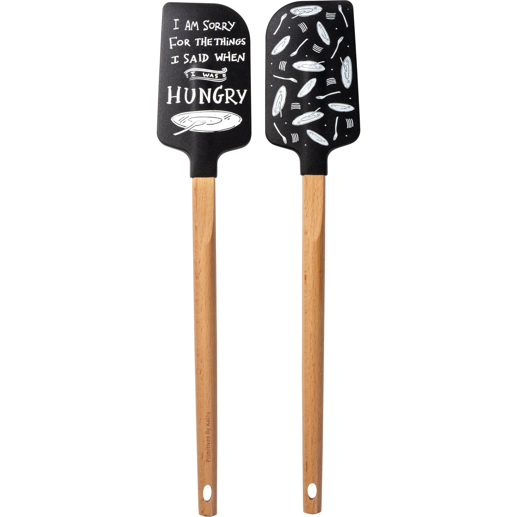 A humorous silicone spatula with a wooden handle featuring the phrase 'I Am Sorry For The Things I Said When I Was Hungry' and decorative designs.