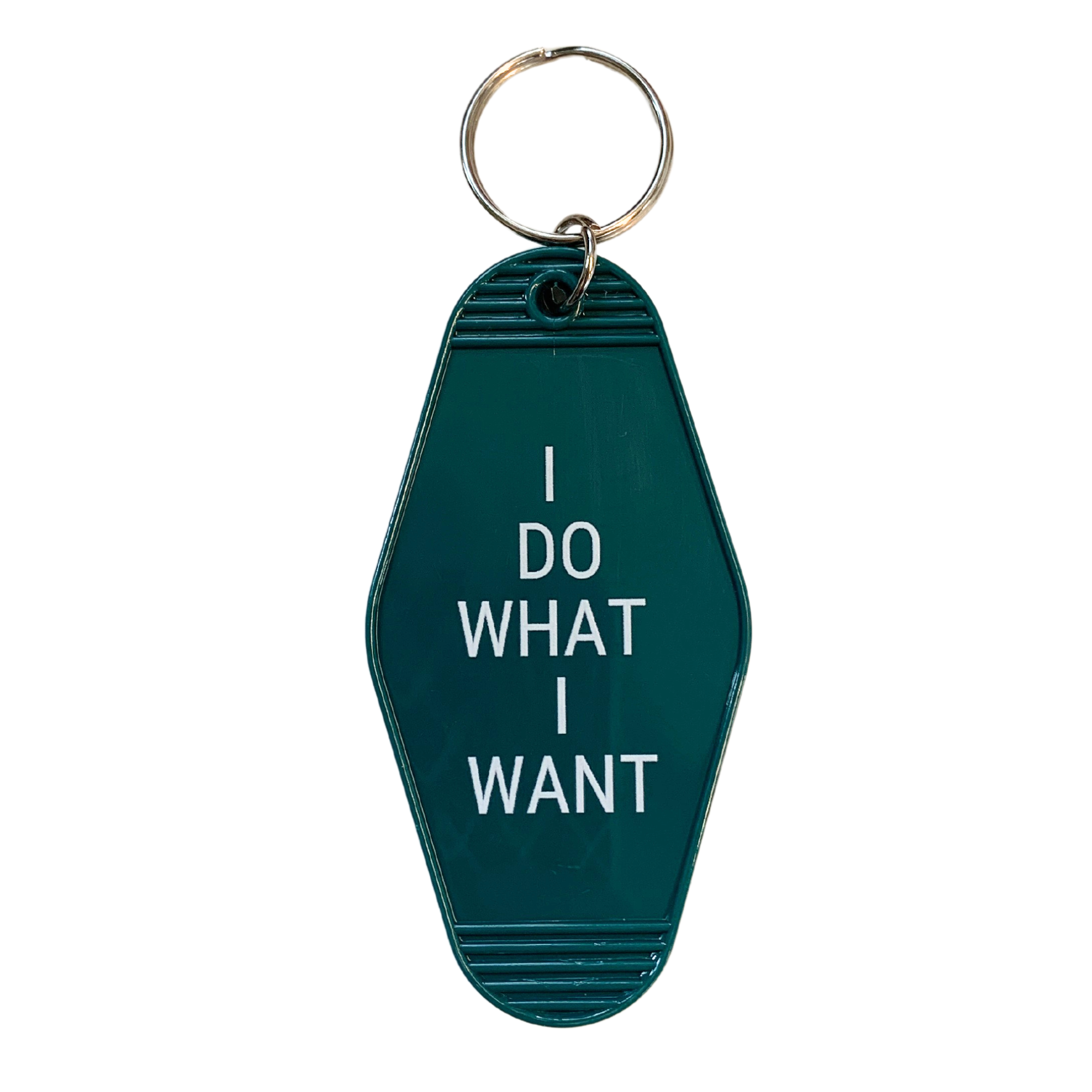 Green motel style keychain with 'I DO WHAT I WANT' text, featuring a split ring for easy attachment.