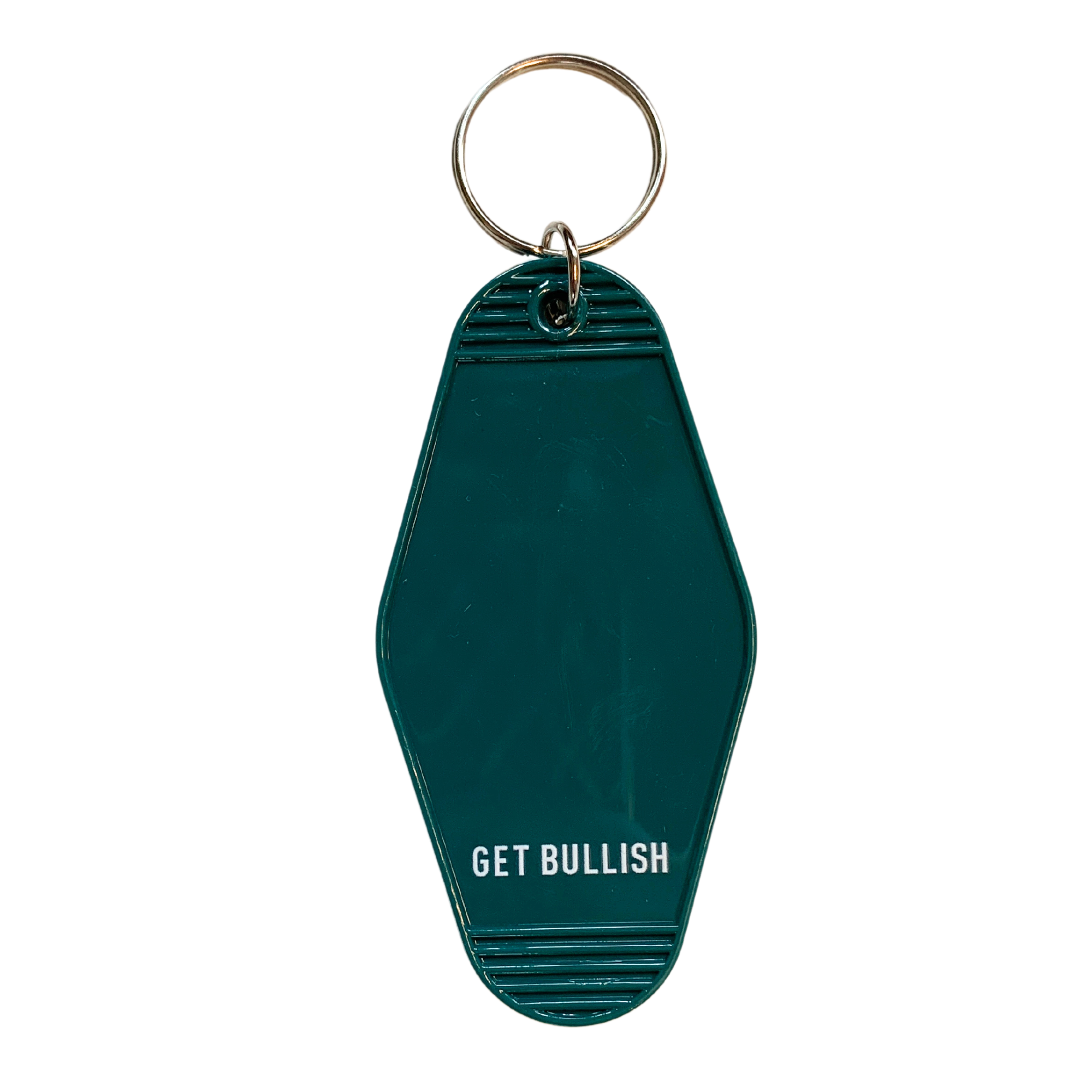 Green motel style keychain with 'I DO WHAT I WANT' text, featuring a split ring for easy attachment.