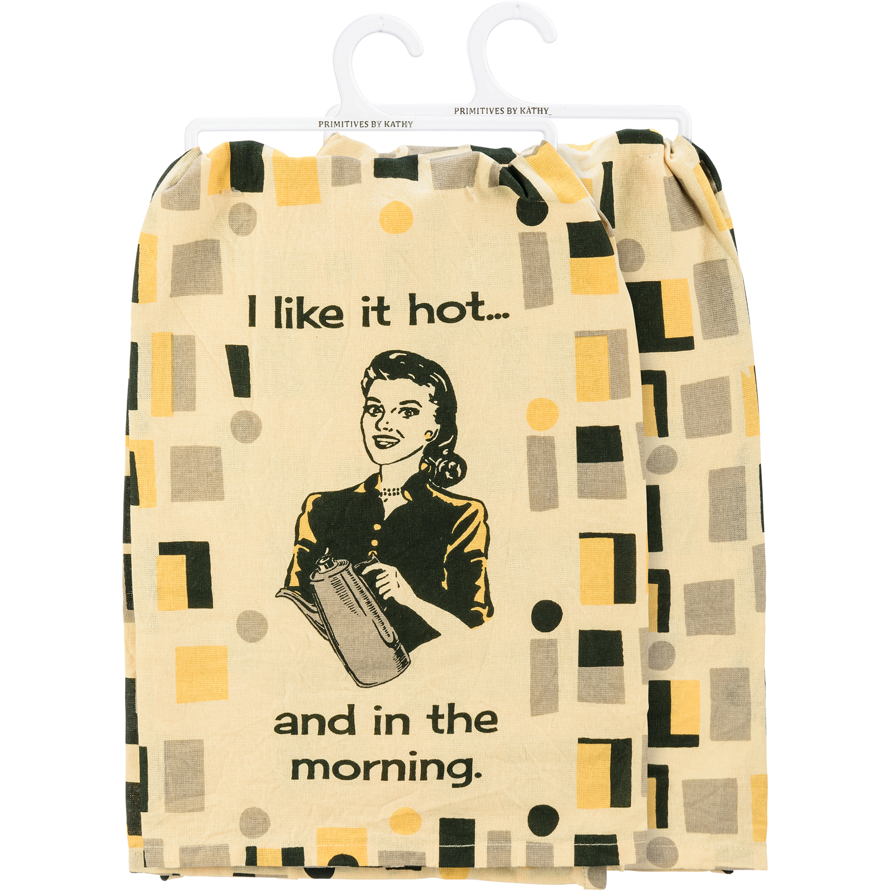 I Like It Hot And In The Morning Dish Cloth Towel featuring a retro woman with a coffee pot design and playful text.