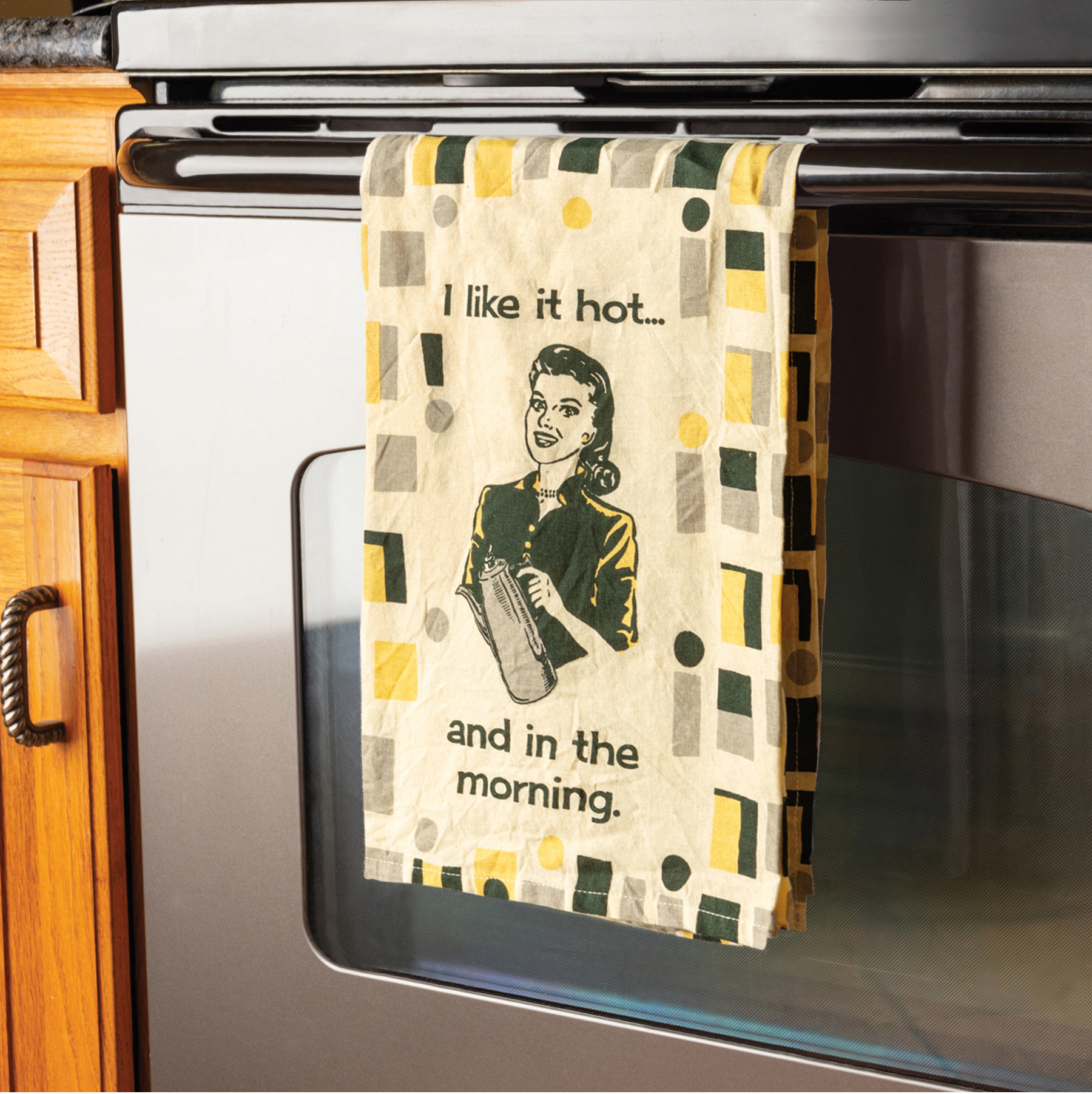 I Like It Hot And In The Morning Dish Cloth Towel featuring a retro woman with a coffee pot design and playful text.