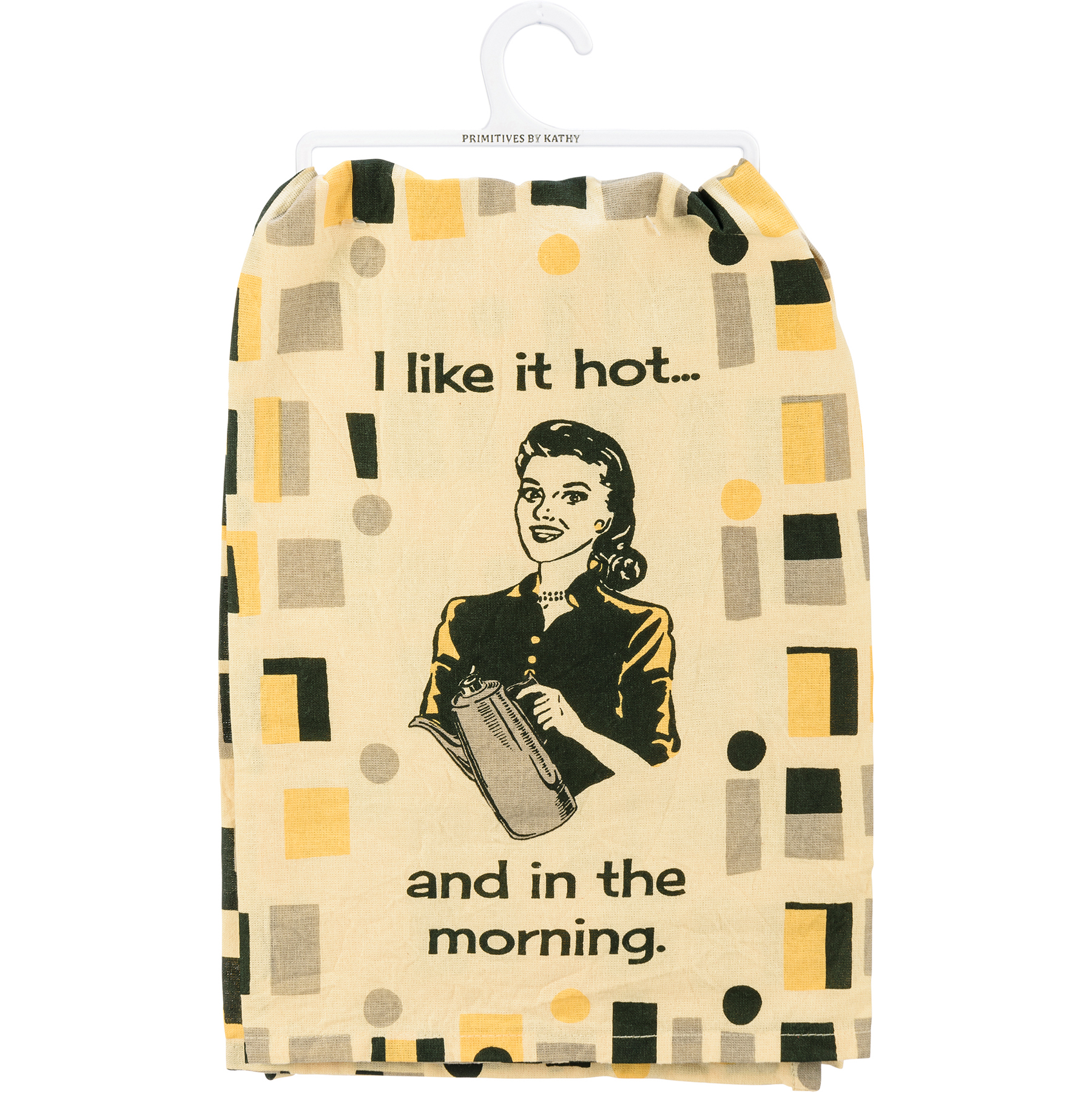 I Like It Hot And In The Morning Dish Cloth Towel featuring a retro woman with a coffee pot design and playful text.