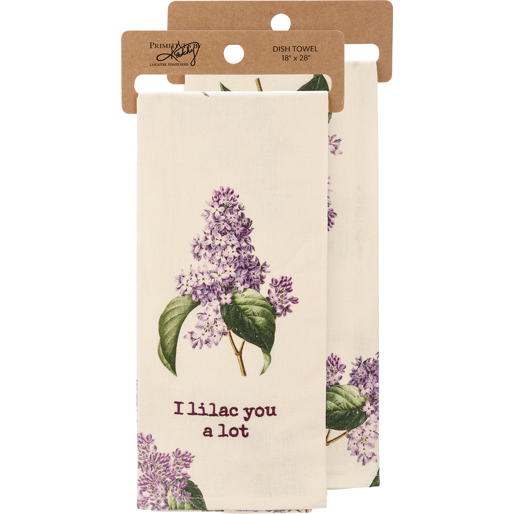 I Lilac You A Lot Dish Cloth Towel featuring vintage lilac designs and punny embroidered sentiment, perfect for kitchen use.