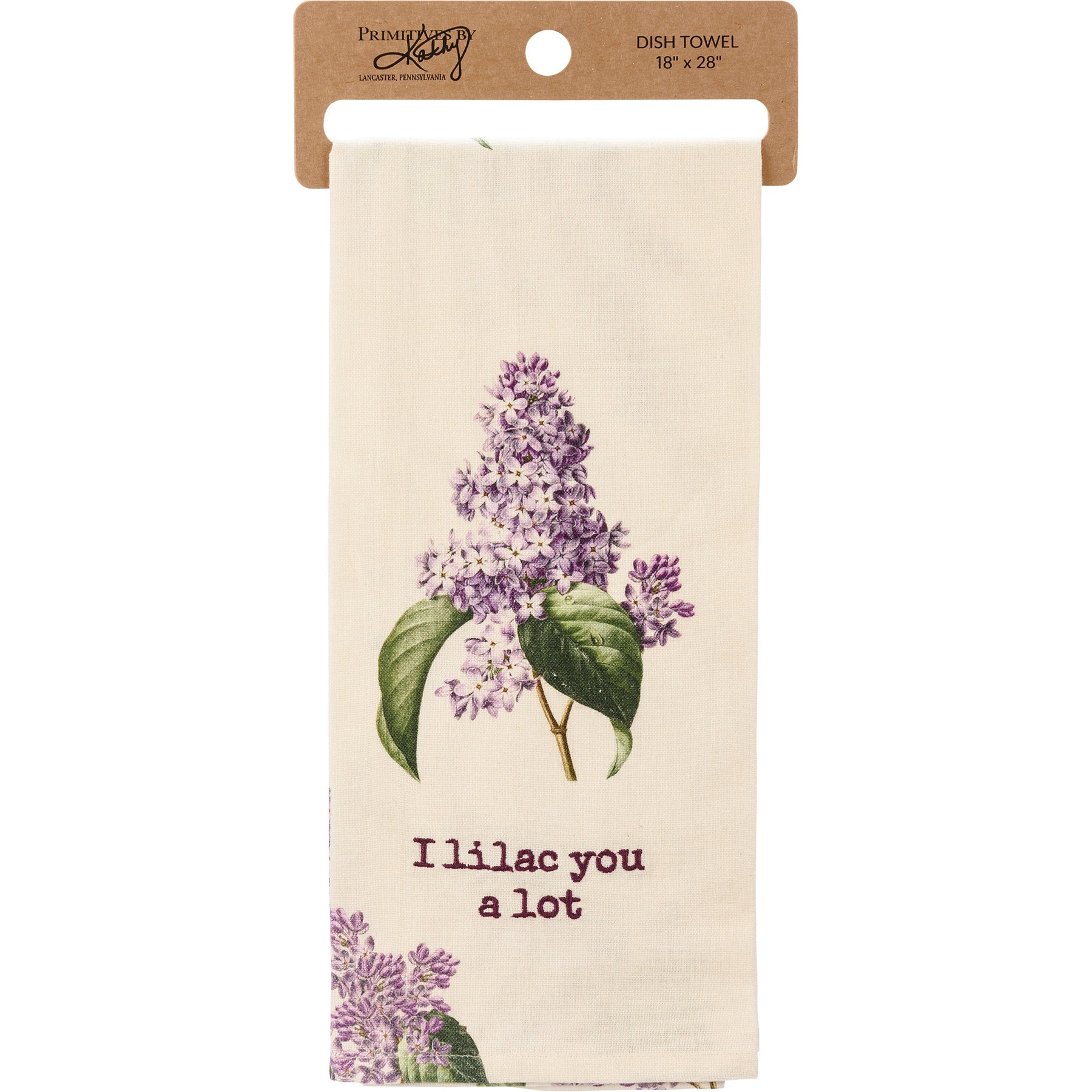I Lilac You A Lot Dish Cloth Towel featuring vintage lilac designs and punny embroidered sentiment, perfect for kitchen use.