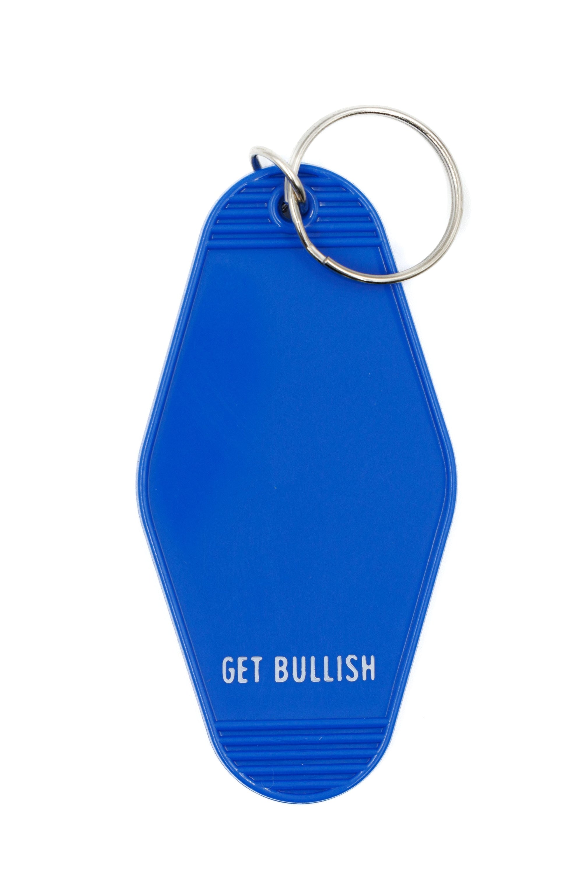 Blue motel keychain with the phrase 'I Pledge Allegiance to the United States of Your Mom' and a split ring attachment.