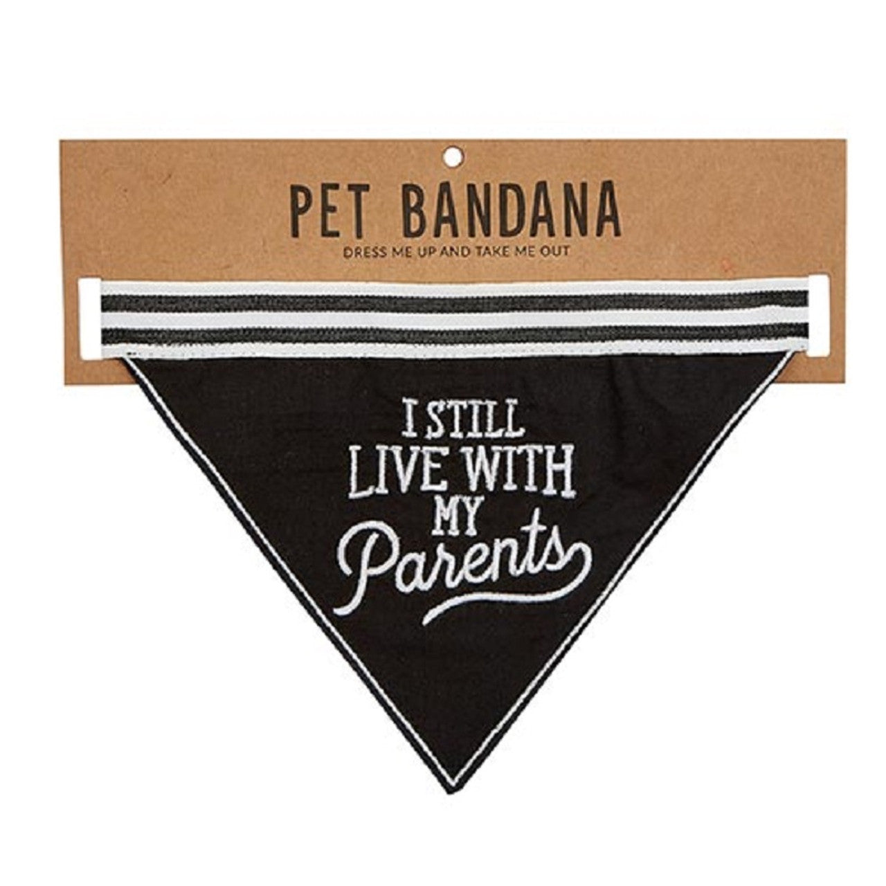 Black pet bandana with embroidered text 'I Still Live With My Parents', featuring a cotton ribbon for easy tying.