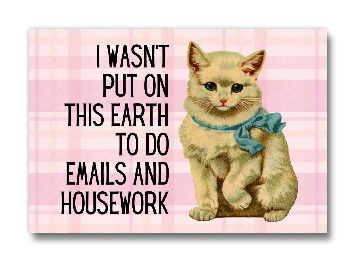 A whimsical kitten magnet with the phrase 'I Wasn't Put On This Earth To Do Emails And Housework', perfect for fridge decoration.