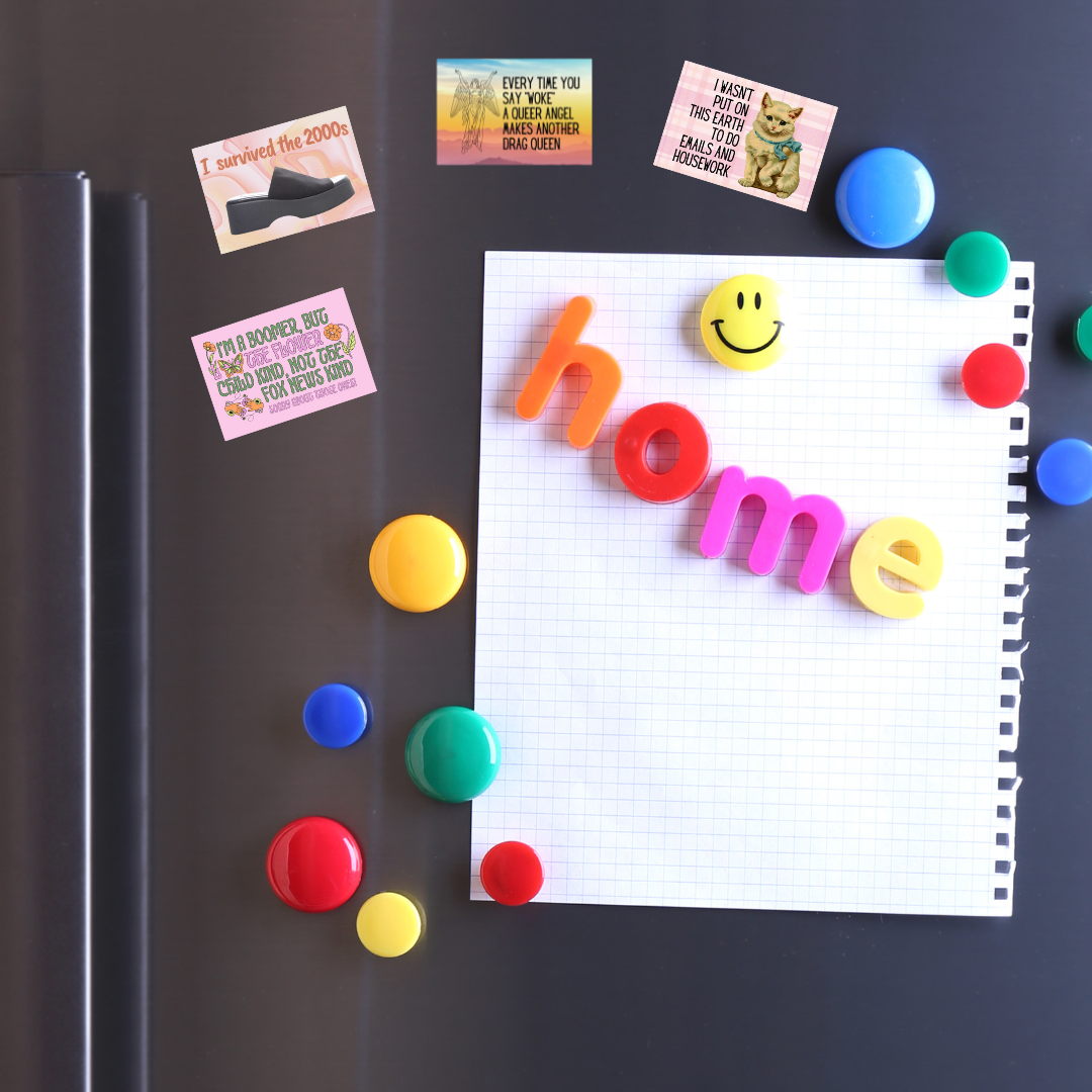 A whimsical kitten magnet with the phrase 'I Wasn't Put On This Earth To Do Emails And Housework', perfect for fridge decoration.