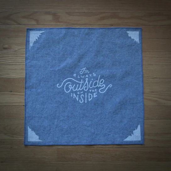 Stylish chambray pocket square with the quote 'I'm always outside on the inside', perfect for men's formal wear.