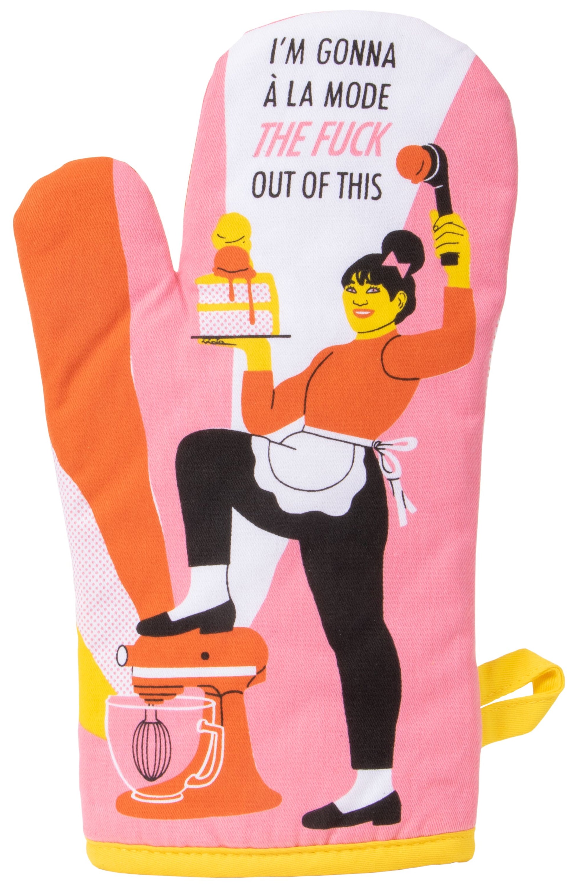 Colorful oven mitt with humorous text, made of 100% cotton, designed for heat protection in the kitchen.