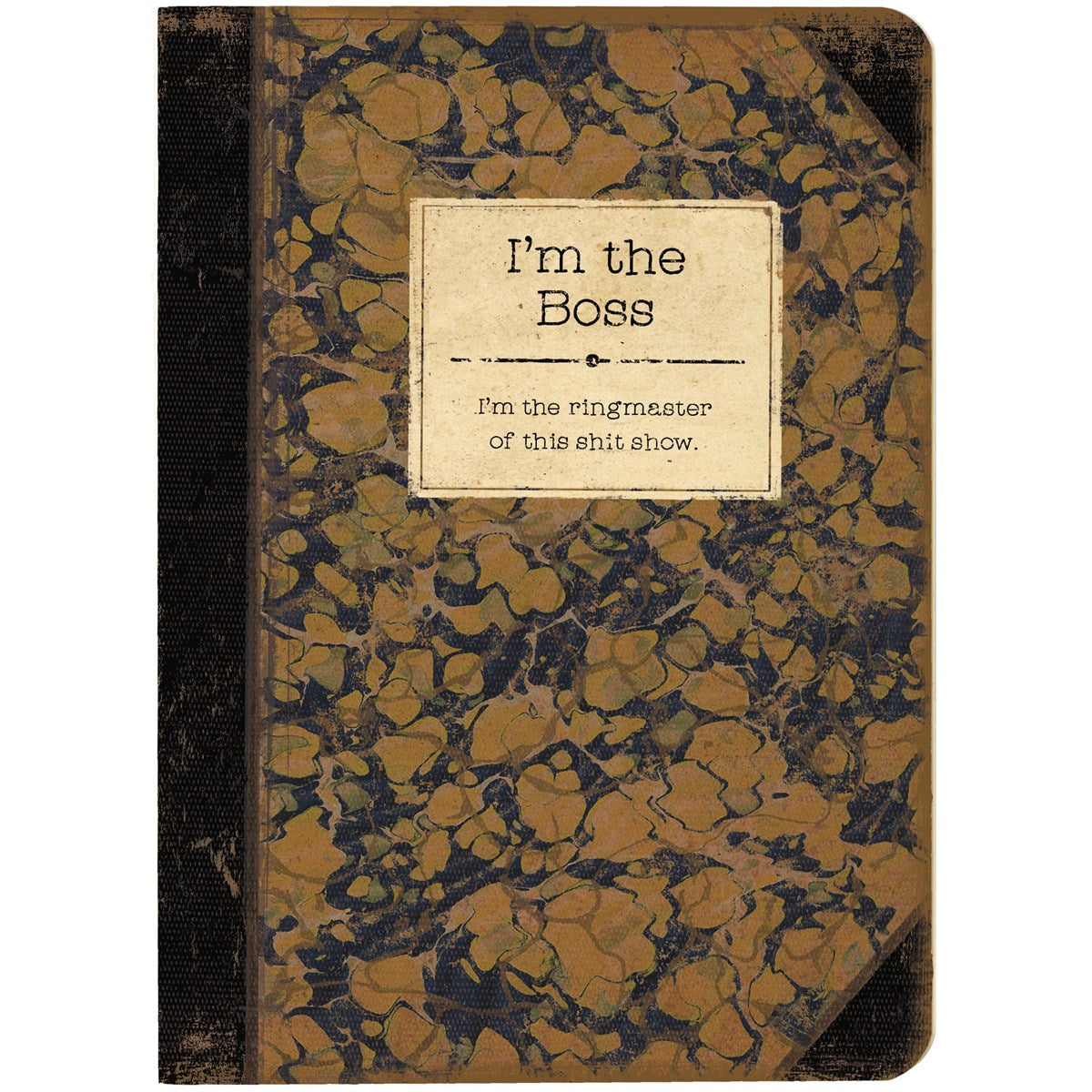 I'm The Boss Rustic Printed Journal featuring vintage designs and an exposed seam for flat laying.