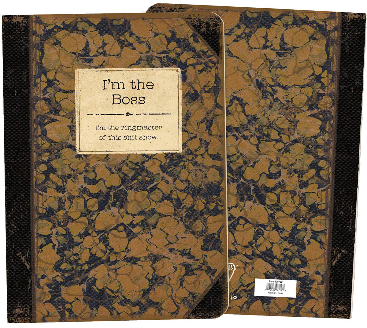 I'm The Boss Rustic Printed Journal featuring vintage designs and an exposed seam for flat laying.