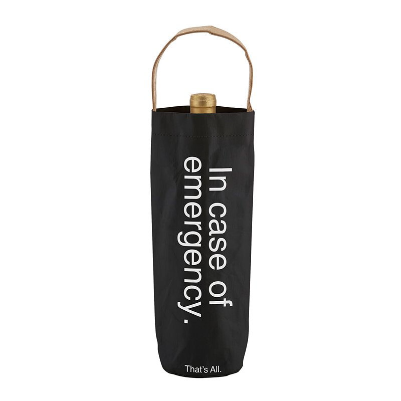 Glossy black wine bottle bag with brown handle and white text.