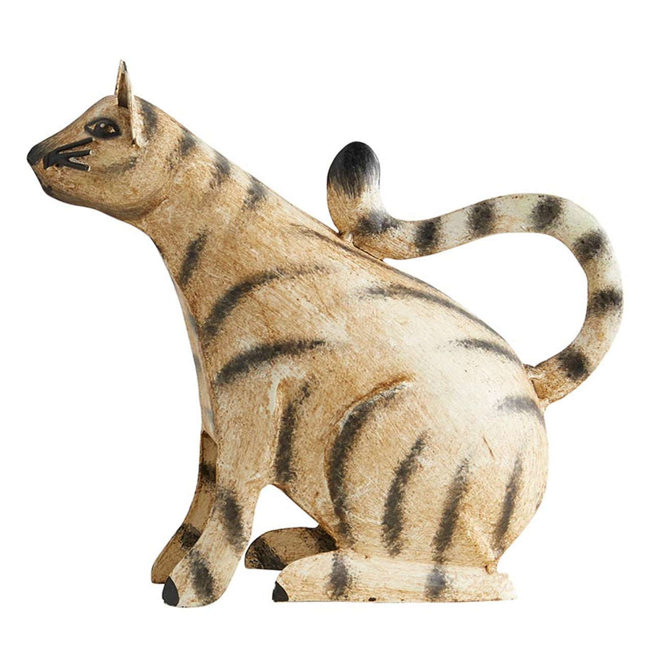 Charming iron cat figurine with stripes, perfect for home or garden decor, showcasing playful design and durable material.