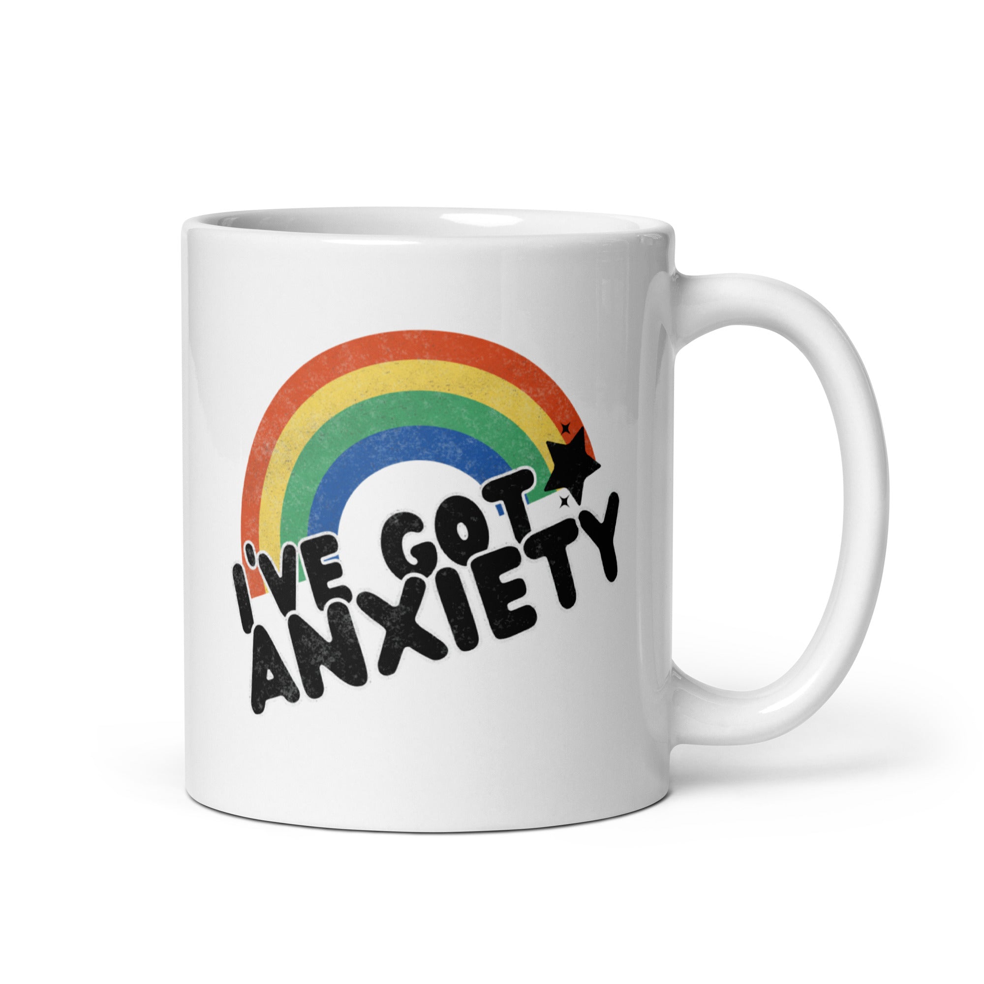 Colorful I've Got Anxiety Rainbow Mug with vibrant design, perfect for coffee or tea.