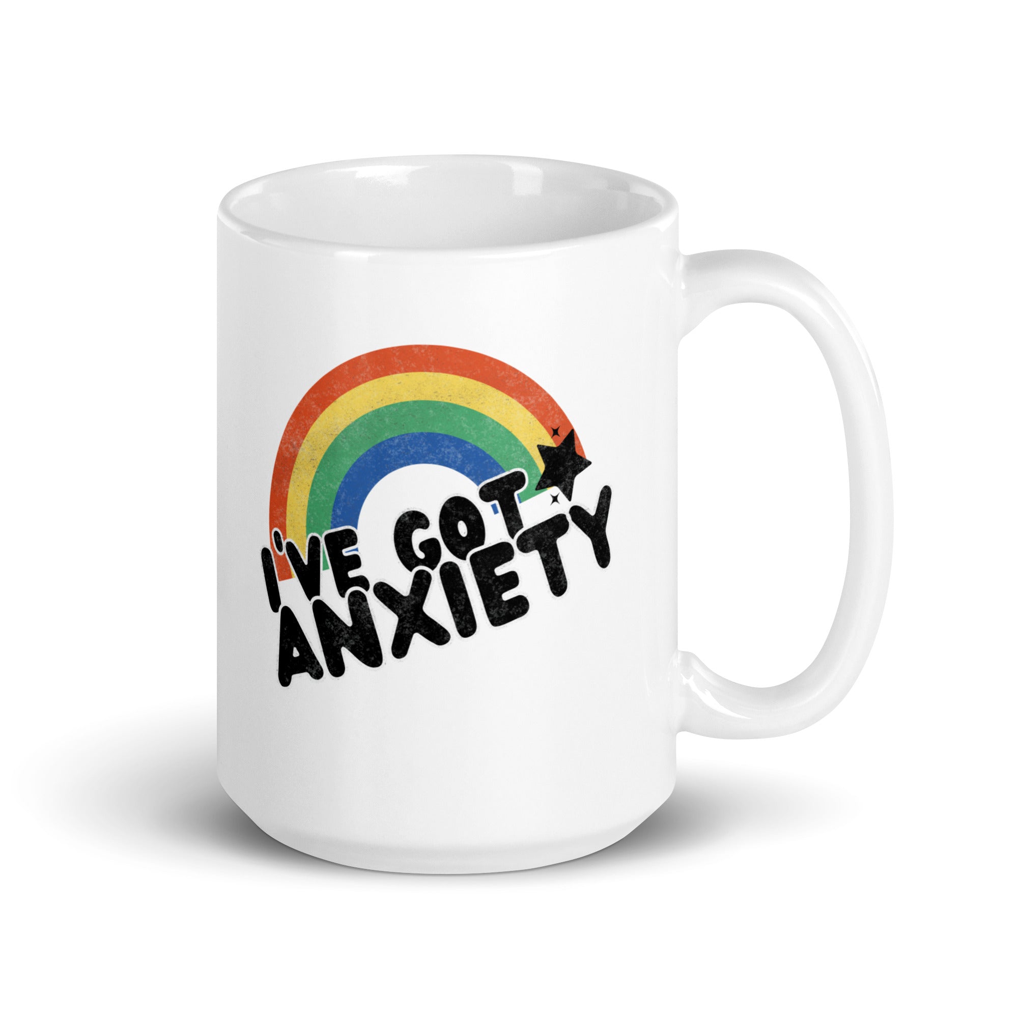 Colorful I've Got Anxiety Rainbow Mug with vibrant design, perfect for coffee or tea.