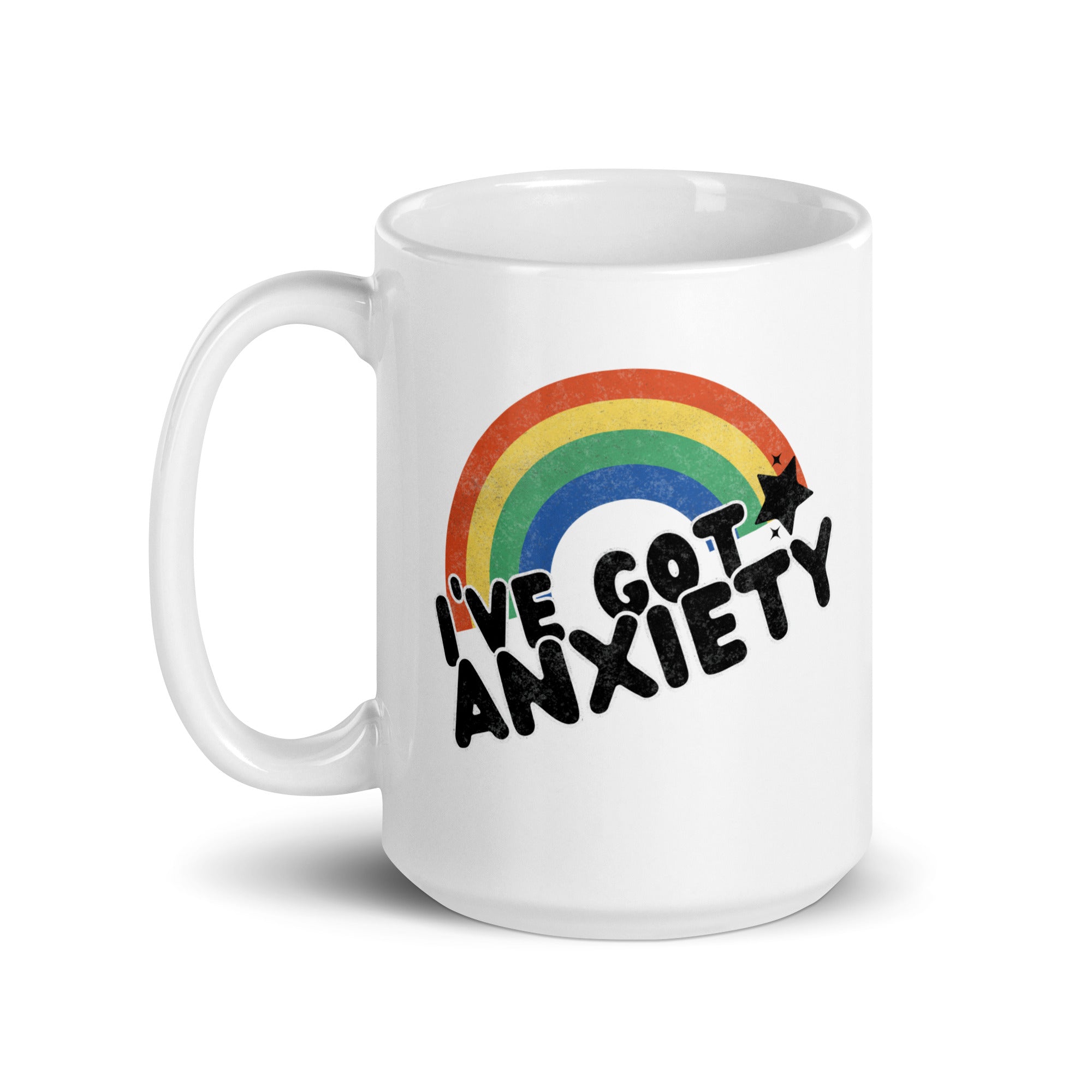 Colorful I've Got Anxiety Rainbow Mug with vibrant design, perfect for coffee or tea.