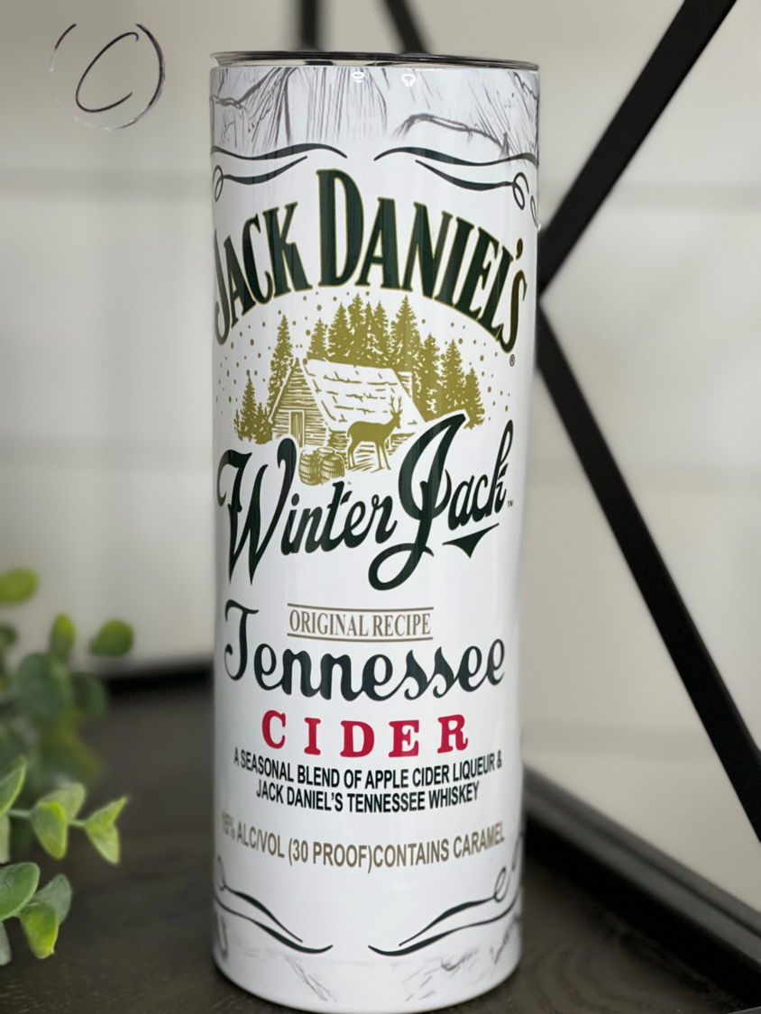 Jack Daniels Tennessee Cider 20oz Skinny Tumbler with a full wrap design and reusable straw.