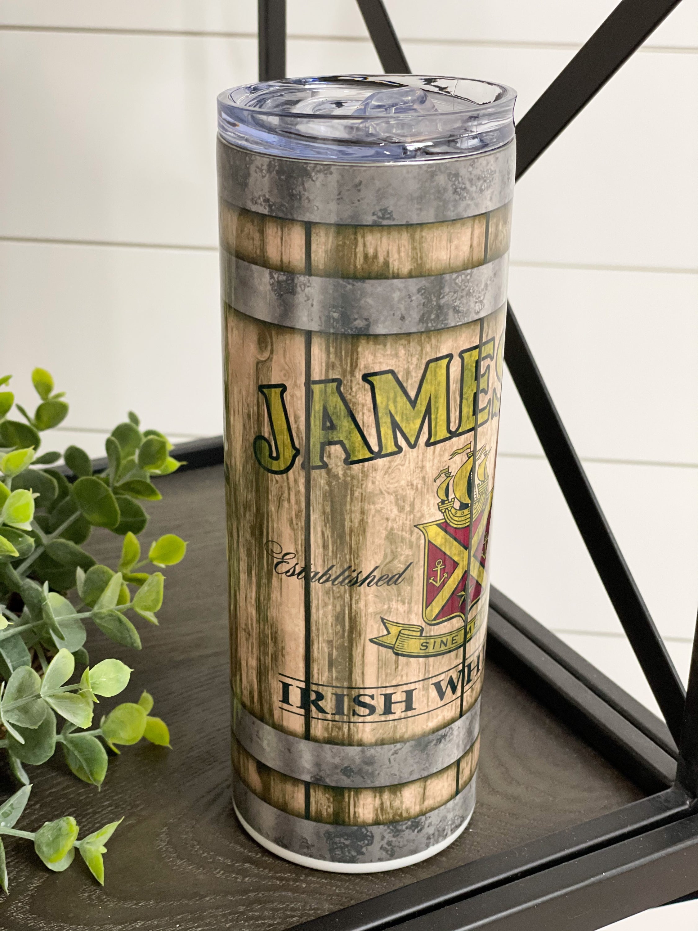 Jameson 20oz Skinny Tumbler with a full wrap design, featuring a reusable straw and durable construction.
