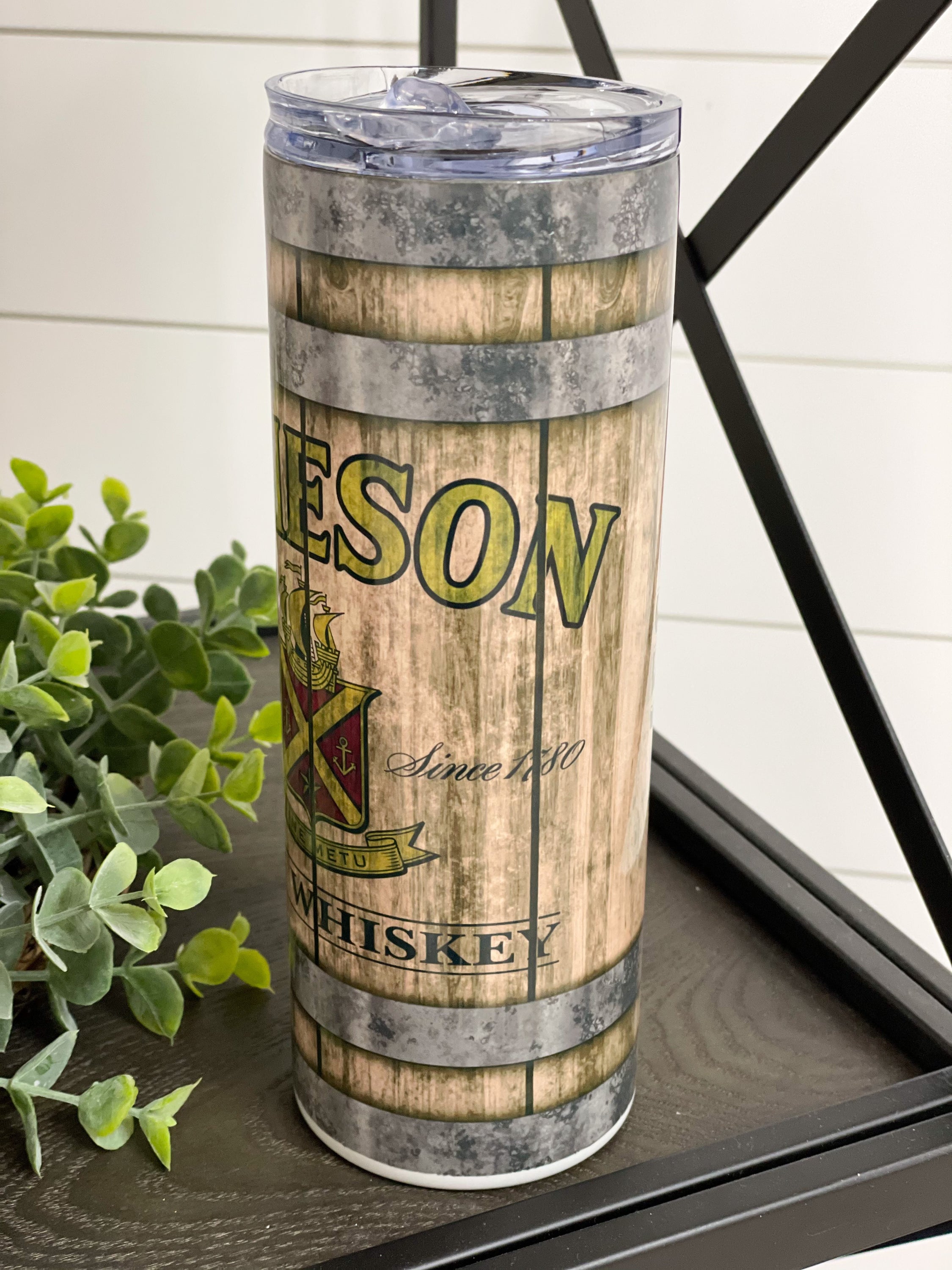 Jameson 20oz Skinny Tumbler with a full wrap design, featuring a reusable straw and durable construction.