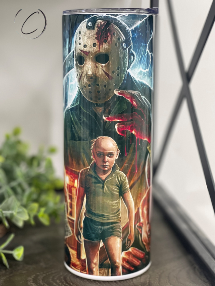 Jason Voorhees Bloody Paper 20oz Skinny Tumbler with horror-themed design, featuring a full wrap print and a reusable straw.
